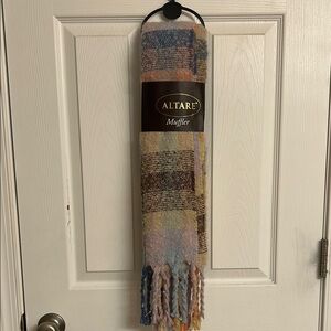 Altare Cream Blue Orange Plaid Muffler Scarf with Fringe Detail